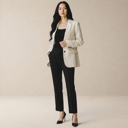 Blazer Feminino Alfaiataria Semi Maxi de Linho Off White