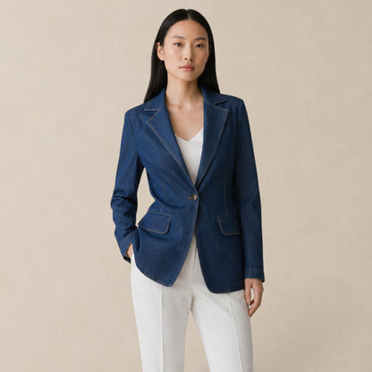 Blazer Feminino Jeans Acinturado Alongado