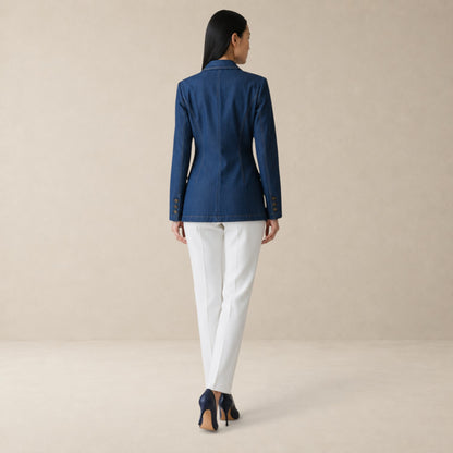 Blazer Feminino Jeans Acinturado Alongado