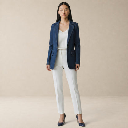 Blazer Feminino Jeans Acinturado Alongado