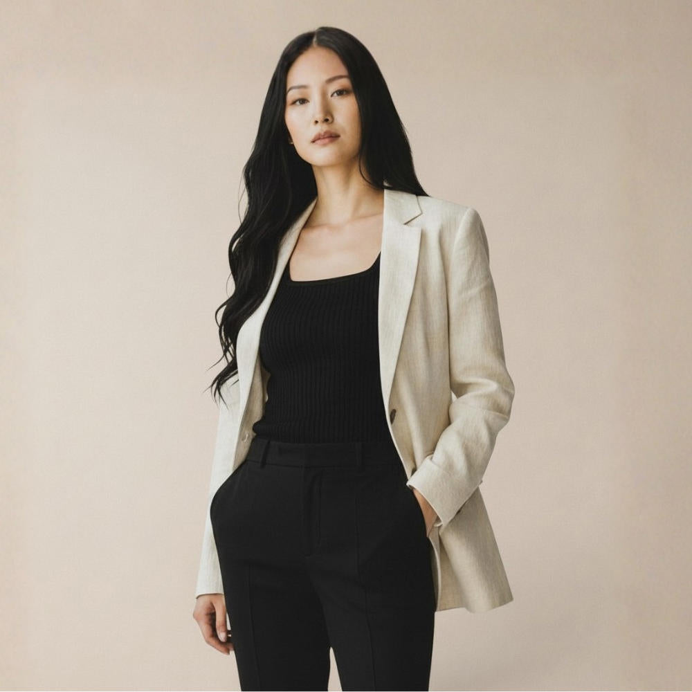 Blazer Feminino Alfaiataria Semi Maxi de Linho Off White