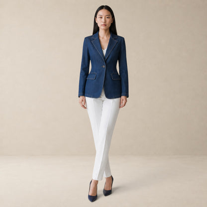 Blazer Feminino Jeans Acinturado Alongado