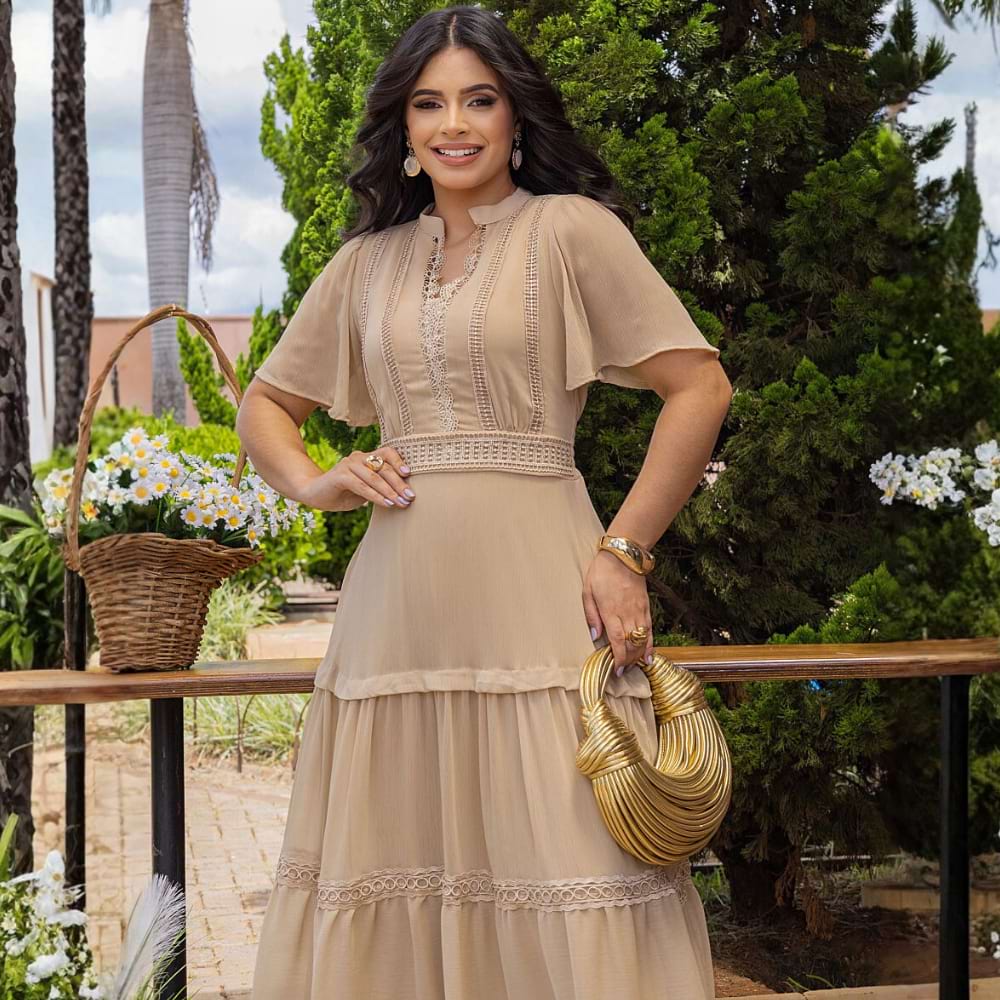 Vestido Longo Evangélico Elegante Evasê Bege