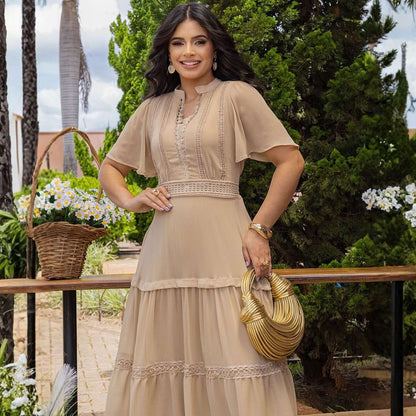 Vestido Longo Evangélico Elegante Evasê Bege