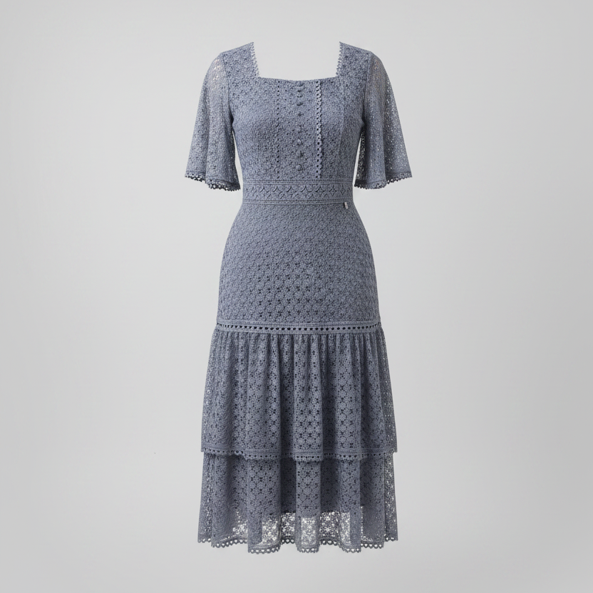 Vestido Longo Evangélico Elegante Social Crochê Cinza