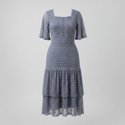 Vestido Longo Evangélico Elegante Social Crochê Cinza