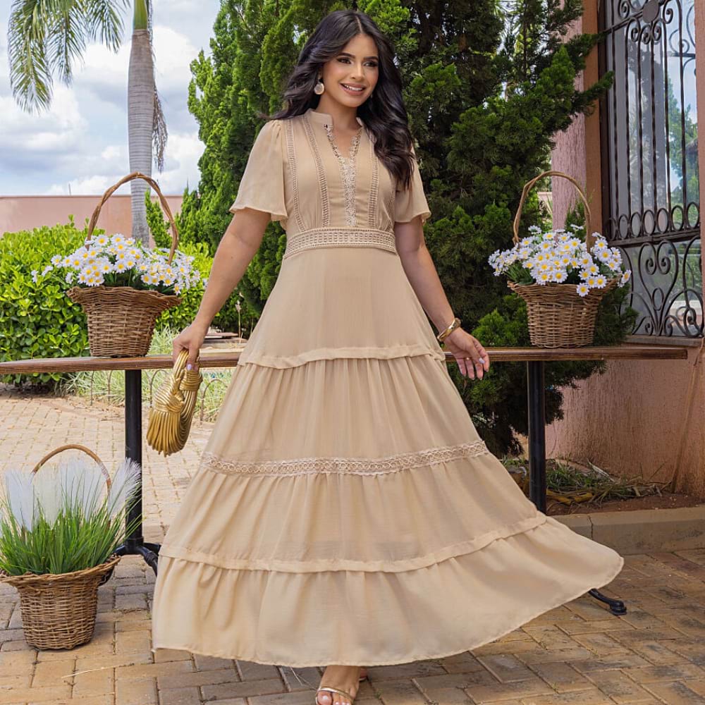 Vestido Longo Evangélico Elegante Evasê Bege