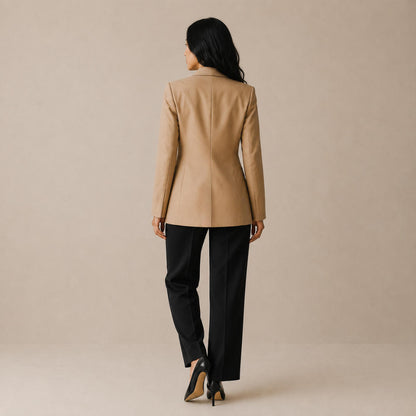 Blazer Feminino Alfaiataria Acinturado Alongado Semi Maxi Linho Bege
