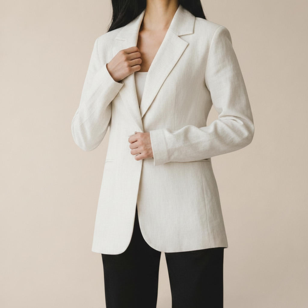 Blazer Feminino Alfaiataria Semi Maxi de Linho Off White