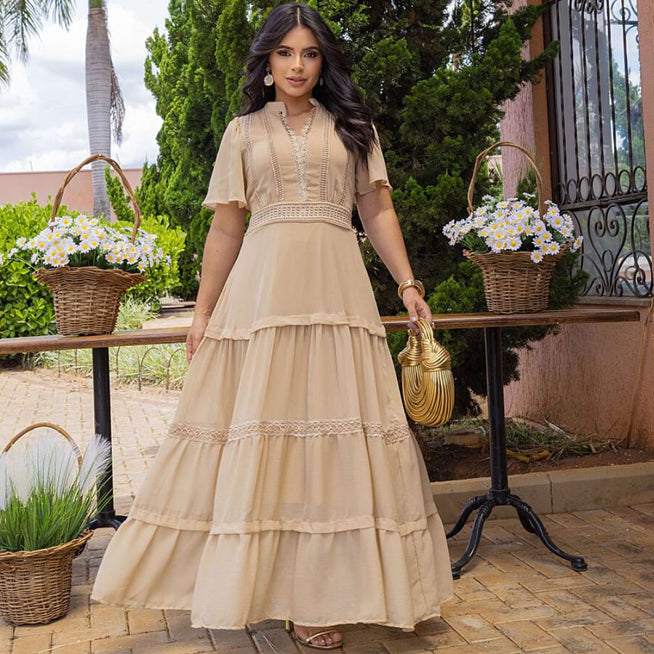 Vestido Longo Evangélico Elegante Evasê Bege