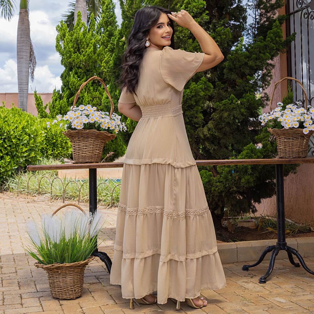 Vestido Longo Evangélico Elegante Evasê Bege